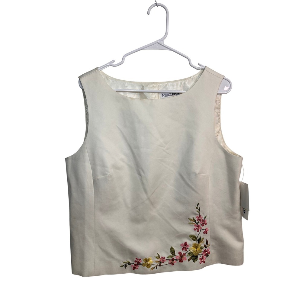 Pendleton Womens Silk Blend Embroidered Floral Shell Top Cream Boat Neck Size 16